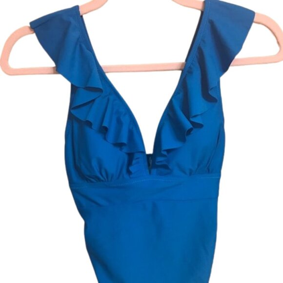 NWT CUPSHE Women's Ruffled One Piece Swimsuit V Neck Lace Up Back Royal Blue XS - Picture 6 of 14